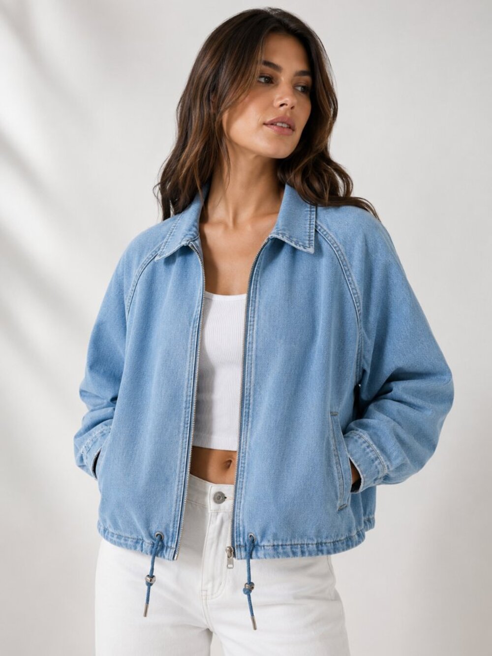 Buffalo David Bitton Light Wash Denim Bomber Jacket Drawstring Hem Size Small